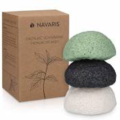Navaris Éponge konjac - Lot 3 éponges de konjac pour visage tout type de peau 1x charbon actif 1x thé vert 1x blanche - 100% naturel biodégradable