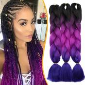 24 Pouces Meches de Cheveux Pour Tresse Africaine 3PCS Extension De Cheveux Tresses Yaki 300g Ombre Hair Braids - Noir & Rose & Bleu