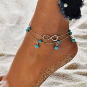 Fashband Silver Letters Anklets Turquoise Bead Summer Layered Ankle Bracelet Boho Jewelry Beach Anklet Chain Adjustable for Women Girls Friends