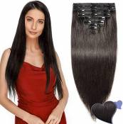 Extension a Clip Cheveux Naturel MAXI VOLUME Noir - Rajout Vrai Cheveux Humain Naturel Epais 8 Pcs Double Weft (#1B NOIR NATUREL, 25cm-110g)
