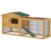 Clapier cage à lapins cottage - niche haute, rampe, enclos extérieur - plateau excrément, toit ouvrant, 2 portes verrouillables - bois jaune