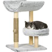 Arbre à chat griffoir chanvre naturel panier plateforme d'observation jeu boule suspendue bois panneaux peluche gris - Gris