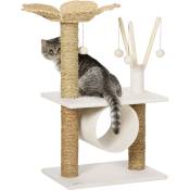 Arbre à chat style cosy chic fleur - griffoirs, tunnel, plateformes, 4 jeux de boules - peluche blanche quenouille tressée - Beige