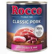 Lot Rocco Classic Pork 12 x 800 g pour chien poulet, veau