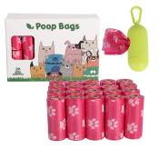 Linghhang - 20 rouleaux de sacs à déjections biodégradables Dog Paws epi - rose - avec distributeur, sacs à déjections imperméables pour chiens, sacs