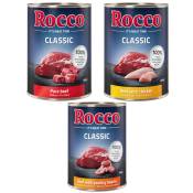 6x400g Classic, lot mixte de topsellers : pur bœuf, bœuf & cœurs de volaille, bœuf & poulet Rocco nourriture humide pour chien
