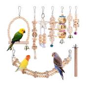 Lot de 9 jouets pour oiseaux en bois naturel avec échelle, balançoire, cloches, etc.