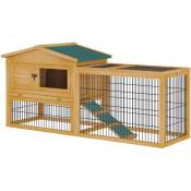 Clapier cage à lapins cottage - niche haute, rampe, enclos extérieur - plateau excrément, toit ouvrant, 2 portes verrouillables - bois jaune - Jaune