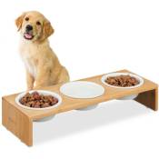 Relaxdays - Gamelles pour chiens, 3 récipients, 400 ml, compatible lave-vaisselle, bambou & céramique, nature - blanc