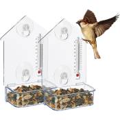 Relaxdays - Mangeoire à oiseaux, lot de 2, 2x ventouses, avec thermomètre, h x l x p : 17 x 11,5 x 5 cm, transparente
