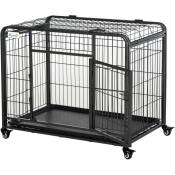 Cage pour chien pliable cage de transport sur roulettes 2 portes verrouillables plateau amovible dim. 125L x 76l x 81H cm métal gris noir - Noir