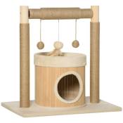 Arbre à chat griffoirs grattoirs jute jeu boules suspendues plateforme ronde niche - dim. 60L x 40l x 60H cm - panneaux particules pin bambou