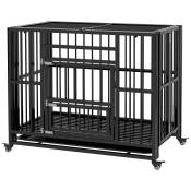 PawHut Cage pour chien pliable transport sur roulettes 2 portes verrouillables plateau amovible interieur exterieur acier noir
