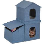Maison pour chats, HxLxP : 86x75x44 cm, refuge pliable sur 2 étages, grotte à félins, rangement latéral, bleu - Relaxdays