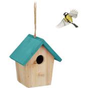 Relaxdays - Cabane à oiseaux décorative, en bois, suspendre, hlp : env. 16 x 15 x 11 cm, jardin et balcon, nature/bleu