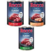 6x400g Classic, lot mixte exclusif : pur bœuf, bœuf & saumon, bœuf & canard Rocco nourriture humide pour chien