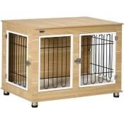 Cage pour chien sur pied - 2 portes verrouillables, coussin déhoussable inclus - acier filaire noir panneaux aspect bois clair - Beige