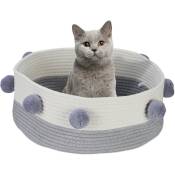 Relaxdays Panier pour chat et petit chien, pompons, coton, corbeille tressée, H x D : 16,5 x 41 cm, gris et blanc