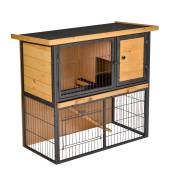 PawHut Clapier à lapin cage à lapin 2 niveaux 3 portes verrouillables rampe toit ouvrant bitûmé métal époxy pin pré-huilé