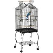 PawHut Cage à oiseaux sur pied avec 2 mangeoires perchoirs plateau amovible poignée et roulettes 50 x 58 x 137/145 cm noir