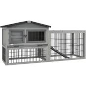 Clapier cage à lapins cottage - niche haute, rampe, enclos extérieur - plateau excrément, toit ouvrant, 2 portes verrouillables - bois gris - Gris