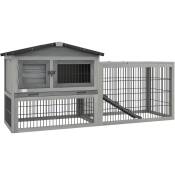 Pawhut - Clapier cage à lapins cottage - niche haute, rampe, enclos extérieur - plateau excrément, toit ouvrant, 2 portes verrouillables - bois gris