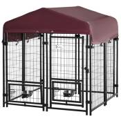 Chenil extérieur pour chien - cage chien - enclos chien - toile toit imperméable anti-UV, porte verrouillable, 2 bols rotatifs - acier noir oxford pou