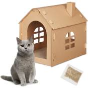 Maison carton chat, niche avec griffoir, à construire, herbe-aux-chats incluse, 46 x 36,5 x 42,5 cm, marron - Relaxdays