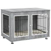Cage pour chien sur pied - 2 portes verrouillables, coussin déhoussable inclus - acier filaire noir panneaux aspect bois gris