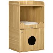 Maison de toilette chat - porte, niche avec coussin, plateau - panneaux aspect bois clair