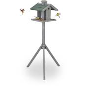Relaxdays - Mangeoire à oiseaux avec support, silo, toit résistant aux intempéries, bois, 135 x 67 x 56 cm, gris/vert
