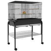 Grande cage oiseaux - cage perroquet - grande volière sur roulettes - étagère, plateaux coulissants, accessoires - noir