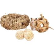 Lot d'accessoires pour hamster, 5 pièces, tube herbe&4 balles, objet de cage, rongeur, souris, paille, nature - Relaxdays