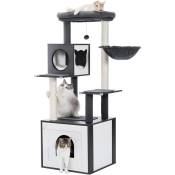 Dripex - Arbre à chat moderne en bois avec armoire de rangement, bac à litière et niche spacieuse, grand perchoir et hamac, poteaux à gratter