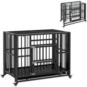 Cage pour chien animaux cage de transport sur roulettes pliable 3 portes verrouillables plateau amovible acier noir - Noir