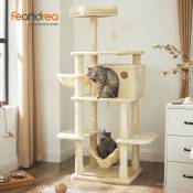 Feandrea - Arbre à chat Hauteur de 164cm Multi-niveaux Avec bol, panier, niche Maison de jeu Meubles pour chatons, chats et félins, Beige