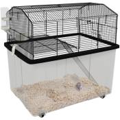 Cage rongeur hamster 2 étages - roulettes, plateforme, échelle, accessoires - pp transparent acier noir - Noir