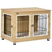 Cage pour chien sur pied - 2 portes verrouillables, coussin déhoussable inclus - acier filaire noir panneaux aspect bois clair