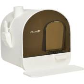 Maison de toilette bac à litière pour chat avec porte battante, pelle et filtre inclus dim. 43L x 44l x 47H cm pp blanc marron fumé - Blanc