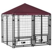Chenil extérieur chien - cage chien - enclos chien - toile toit imperméable anti-UV, porte verrouillable, 2 bols rotatifs - acier noir oxford pourpre