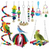 10 pièces Jouets pour oiseaux - Jouets d'escalade de couleur, balançoires, échelles, perchoirs, cloches - pour oiseaux, perroquets, pinsons,