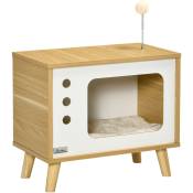 Pawhut - Maison pour chat design poste de télévision - niche chat panier chat - 2 coussins amovibles, boule à ressort - panneaux aspect bois clair