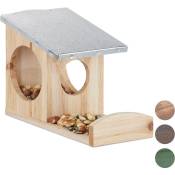 Mangeoire pour écureuils, Hotte en bois, toit métallique étanche, à accrocher, Pour le jardin, Naturel - Relaxdays