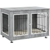 Cage pour chien sur pied - 2 portes verrouillables, coussin déhoussable inclus - acier filaire noir panneaux aspect bois gris - Gris