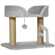 PawHut Arbre à chat grattoir design avec jeu 2 pompons suspendus 2 poteaux sisal plateforme peluche sisal 48 x 38 x 42 cm gris