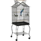 Cage à oiseaux sur pied volière avec 2 mangeoires perchoirs plateau amovible poignée et roulettes - 50 x 58 x 137-145 cm noir - Noir