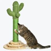 Griffoir chat design cactus - jouet pompon suspendu, jouet boules - bois de pin sisal vert