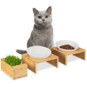 Relaxdays - Lot de 2 gamelles pour chats avec récipient à herbe, 2 bols de 350 ml, lave-vaisselle, bambou, nature - blanc