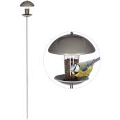 Relaxdays Mangeoire à oiseaux, Distributeur de graines en silo, jardin ou balcon, avec piquet H : 172 cm, argenté