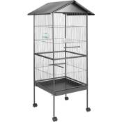 Cage à oiseaux en Finition martelée Tiroir, 4 perchoirs réglables, gamelle et distributeur d'eau inclus - gris anthracite